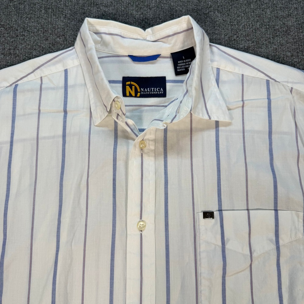 Nautica Jeans Company Mens Large Blue Striped Short Sleeve Button Down #4188